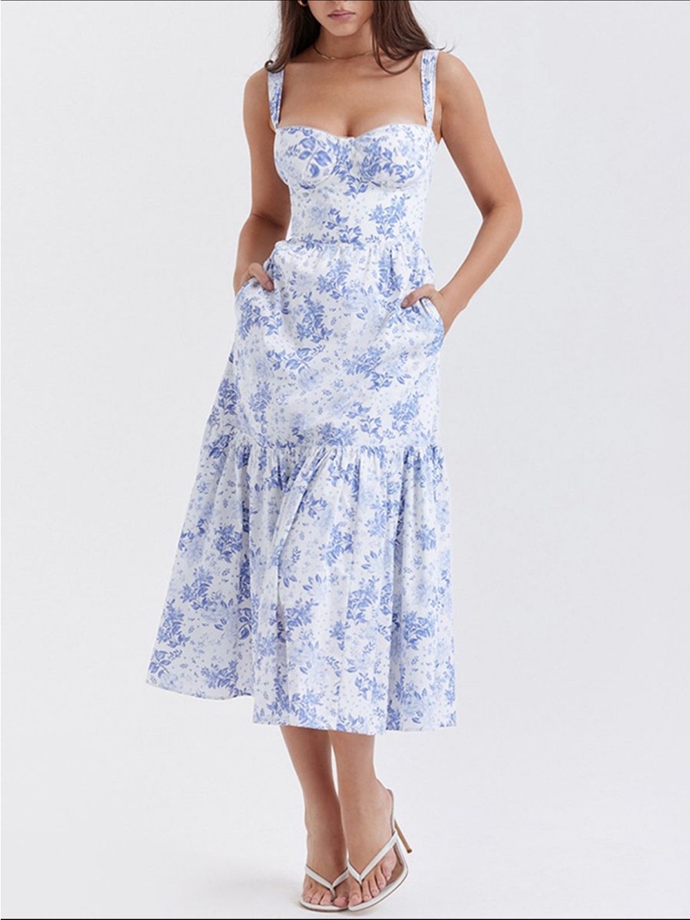 Commense White and Blue Floral Midi Dress with Bustier Neckline